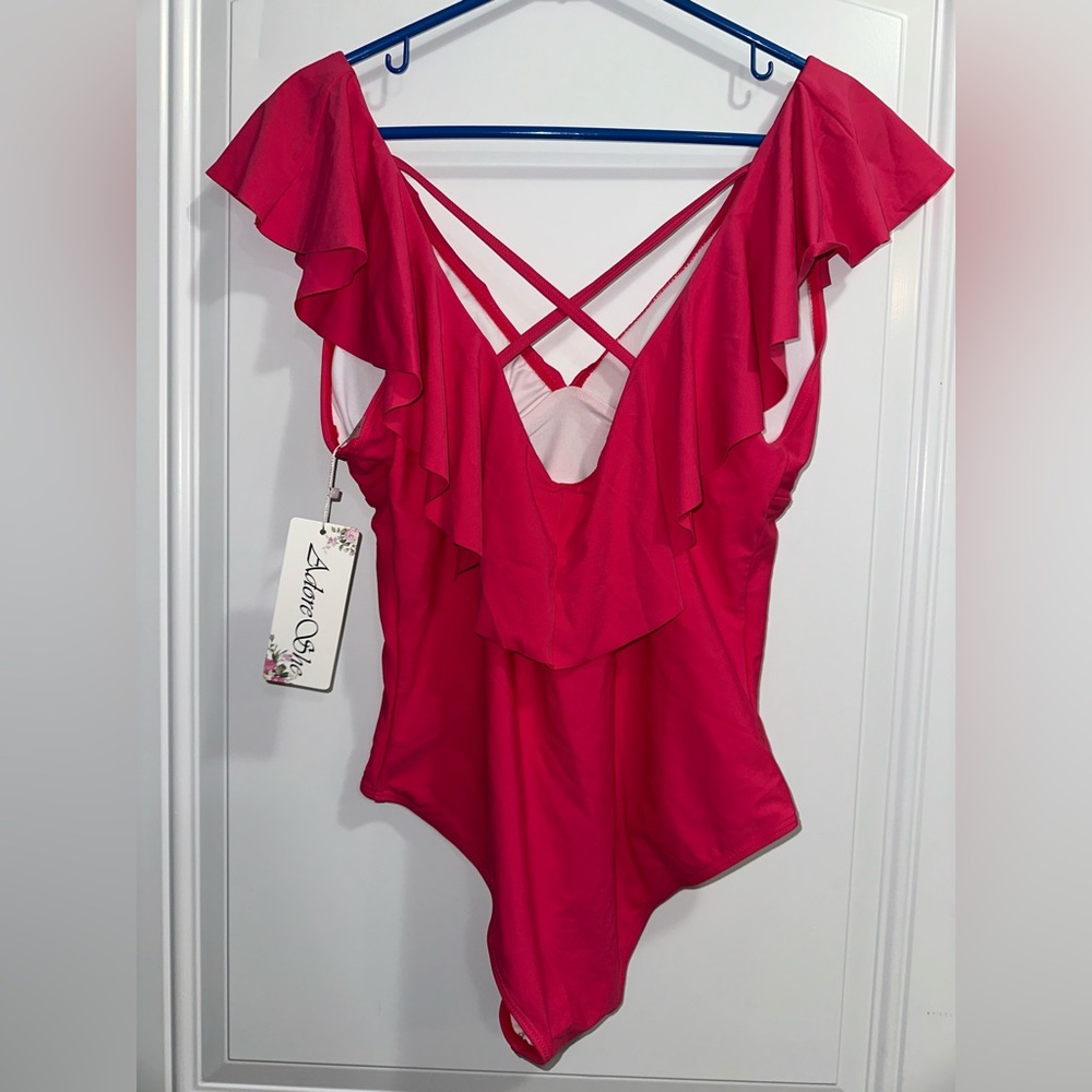 Red Ruffled V-Neck Intimate Bodysuit - Picture 4 of 5